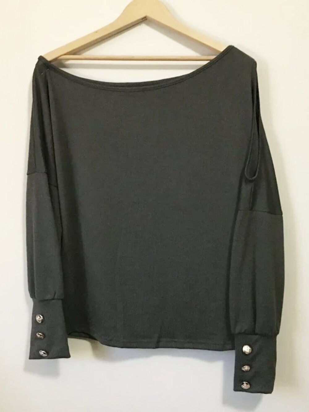 Olive Green Asymmetrical Cold Shoulder Knit Sweater with Crest Buttons - L